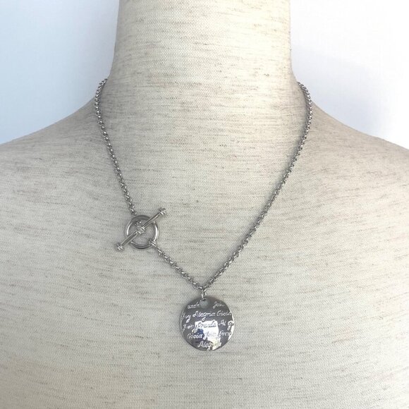 Sterling Silver 925 Joy Engraved Rolo Chain Round Charm Front Toggle Necklace - Picture 1 of 16